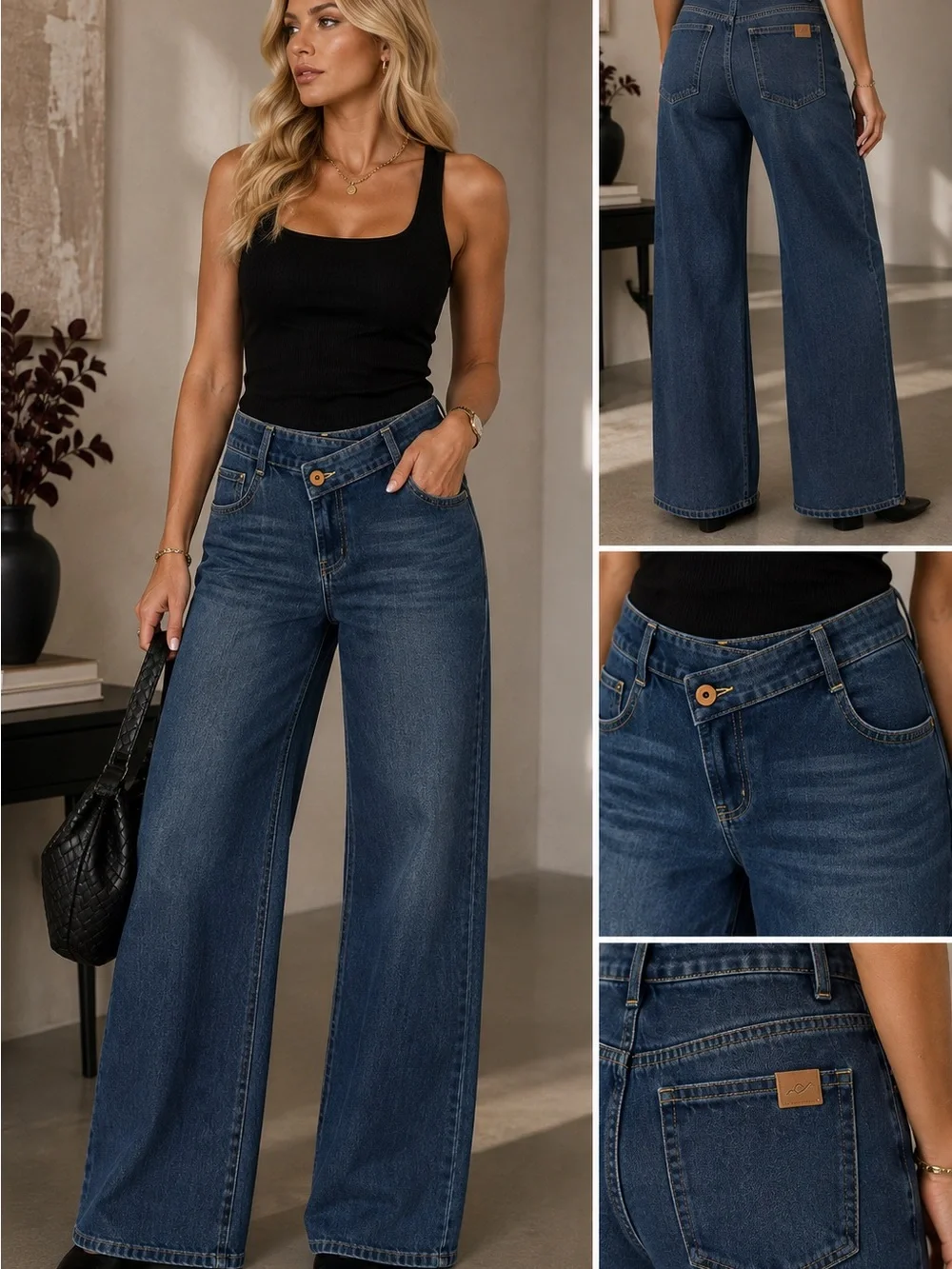 HALARA Dark Blue High-Rise Wide Leg Jeans, size MP